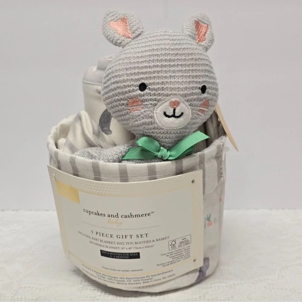 Cupcakes & Cashmere Bunny Rabbit Gift Set Blanket Basket Toy Hat Booties NWT
